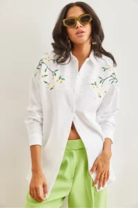 Olalook Women's White Embroidered Pearled Wool Effect Oversize Winter Shirt - Image 4