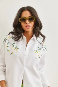 Olalook Women's White Embroidered Pearled Wool Effect Oversize Winter Shirt - Image 5