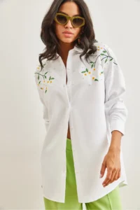 Olalook Women's White Embroidered Pearled Wool Effect Oversize Winter Shirt - Image 6