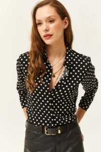 Olalook Women's Black Polka Dot Patterned Woven Viscose Shirt - Image 3