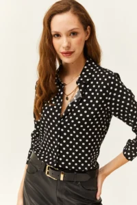 Olalook Women's Black Polka Dot Patterned Woven Viscose Shirt - Image 4