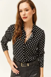 Olalook Women's Black Polka Dot Patterned Woven Viscose Shirt - Image 5