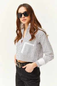 Olalook Women's White Black Pocket and Cuff Detailed Striped Crop Shirt - Image 2