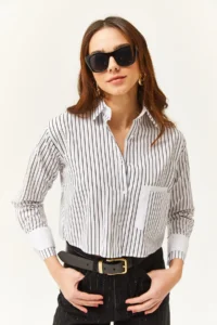 Olalook Women's White Black Pocket and Cuff Detailed Striped Crop Shirt - Image 3