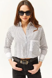 Olalook Women's White Black Pocket and Cuff Detailed Striped Crop Shirt - Image 4