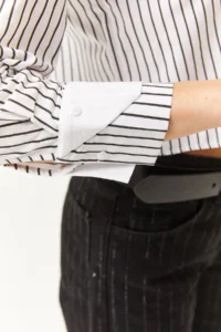 Olalook Women's White Black Pocket and Cuff Detailed Striped Crop Shirt - Image 5