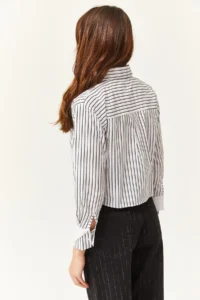 Olalook Women's White Black Pocket and Cuff Detailed Striped Crop Shirt - Image 6