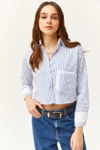 Olalook Women's White Saks Blue Striped Crop Shirt with Pocket and Cuff Detail - Image 2