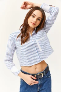 Olalook Women's White Saks Blue Striped Crop Shirt with Pocket and Cuff Detail - Image 3