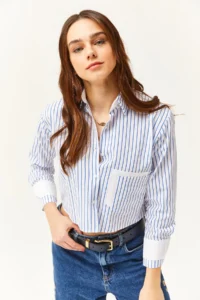 Olalook Women's White Saks Blue Striped Crop Shirt with Pocket and Cuff Detail - Image 4