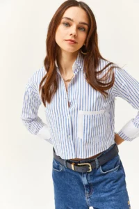 Olalook Women's White Saks Blue Striped Crop Shirt with Pocket and Cuff Detail - Image 5