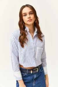 Olalook Women's White Saks Blue Striped Crop Shirt with Pocket and Cuff Detail - Image 6