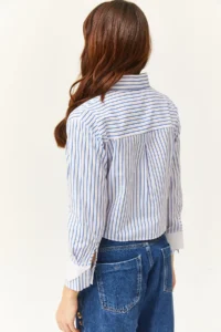 Olalook Women's White Saks Blue Striped Crop Shirt with Pocket and Cuff Detail - Image 7