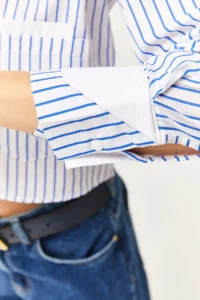 Olalook Women's White Saks Blue Striped Crop Shirt with Pocket and Cuff Detail - Image 8