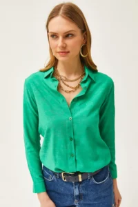 Olalook Women's Flower Grass Jacquard Satin Detailed Woven Shirt - Image 4