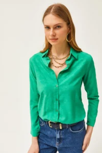 Olalook Women's Flower Grass Jacquard Satin Detailed Woven Shirt - Image 5