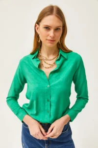 Olalook Women's Flower Grass Jacquard Satin Detailed Woven Shirt - Image 6