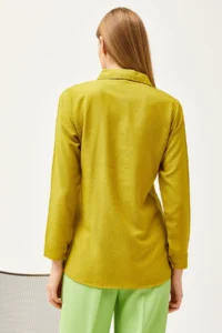 Olalook Women's Leopard Oil Green Jacquard Satin Detailed Woven Shirt - Image 2