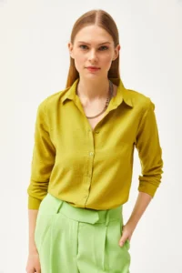 Olalook Women's Leopard Oil Green Jacquard Satin Detailed Woven Shirt - Image 3