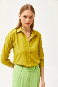 Olalook Women's Leopard Oil Green Jacquard Satin Detailed Woven Shirt - Image 5