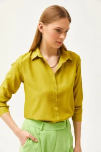Olalook Women's Leopard Oil Green Jacquard Satin Detailed Woven Shirt - Image 6