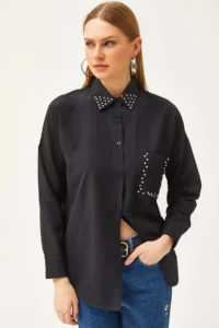 Olalook Women's Black Collar and Pocket Stone Woven Shirt - Image 2
