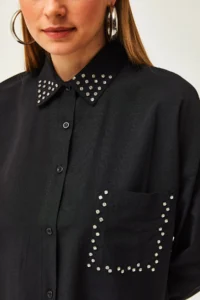 Olalook Women's Black Collar and Pocket Stone Woven Shirt - Image 5