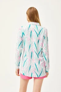 Olalook Women's Green Pink Leaf Patterned Woven Viscose Shirt - Image 2