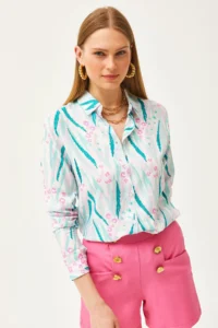 Olalook Women's Green Pink Leaf Patterned Woven Viscose Shirt - Image 3