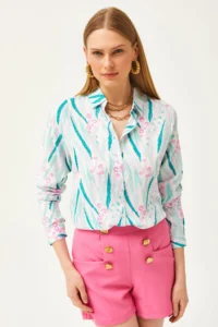 Olalook Women's Green Pink Leaf Patterned Woven Viscose Shirt - Image 4