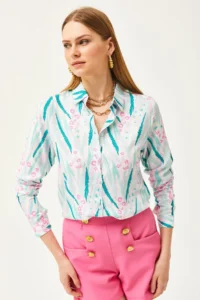 Olalook Women's Green Pink Leaf Patterned Woven Viscose Shirt - Image 5