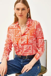 Olalook Women's Orange Patch Patterned Woven Viscose Shirt - Image 3
