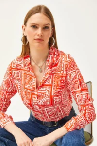 Olalook Women's Orange Patch Patterned Woven Viscose Shirt - Image 4