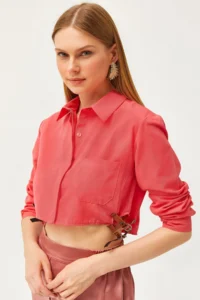 Olalook Women's Coral Side Belt Detailed Crop Woven Shirt