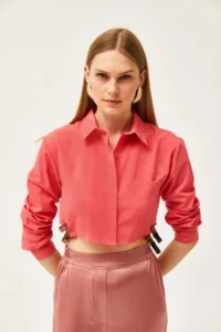Olalook Women's Coral Side Belt Detailed Crop Woven Shirt - Image 2