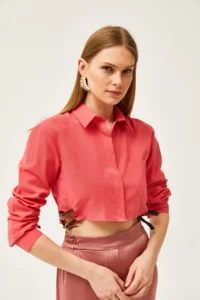 Olalook Women's Coral Side Belt Detailed Crop Woven Shirt - Image 3