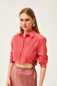 Olalook Women's Coral Side Belt Detailed Crop Woven Shirt - Image 4