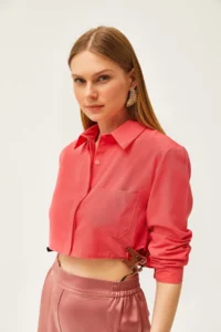 Olalook Women's Coral Side Belt Detailed Crop Woven Shirt - Image 5