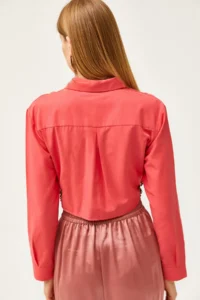 Olalook Women's Coral Side Belt Detailed Crop Woven Shirt - Image 6