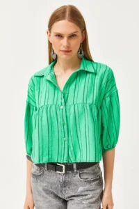 Olalook Women's Green Striped Six-Piece Crop Shirt - Image 2