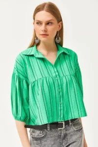 Olalook Women's Green Striped Six-Piece Crop Shirt - Image 3