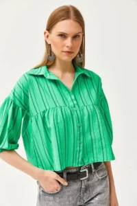 Olalook Women's Green Striped Six-Piece Crop Shirt - Image 4