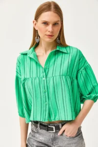 Olalook Women's Green Striped Six-Piece Crop Shirt - Image 5