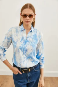Olalook Women's Geometric Blue Patterned Woven Viscose Shirt - Image 3