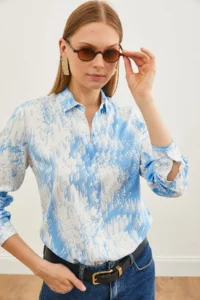 Olalook Women's Geometric Blue Patterned Woven Viscose Shirt - Image 4