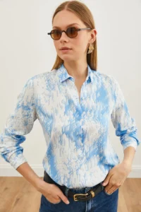 Olalook Women's Geometric Blue Patterned Woven Viscose Shirt - Image 5