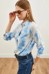 Olalook Women's Geometric Blue Patterned Woven Viscose Shirt - Image 6