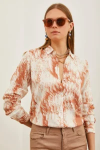 Olalook Women's Geometric Tan Patterned Woven Viscose Shirt