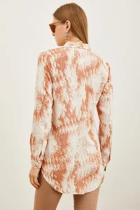 Olalook Women's Geometric Tan Patterned Woven Viscose Shirt - Image 2