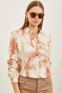 Olalook Women's Geometric Tan Patterned Woven Viscose Shirt - Image 3
